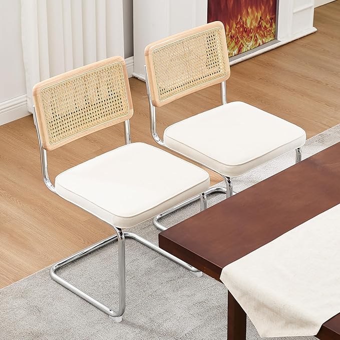 Zesthouse Natural Rattan Dining Chairs Set of 2, Mid Century Modern Dining Chairs with Solid Wood Back & Chrome Base, for Kitchen Living Room, Breuer Design Inspired, Upholstered Linen Fabric, White