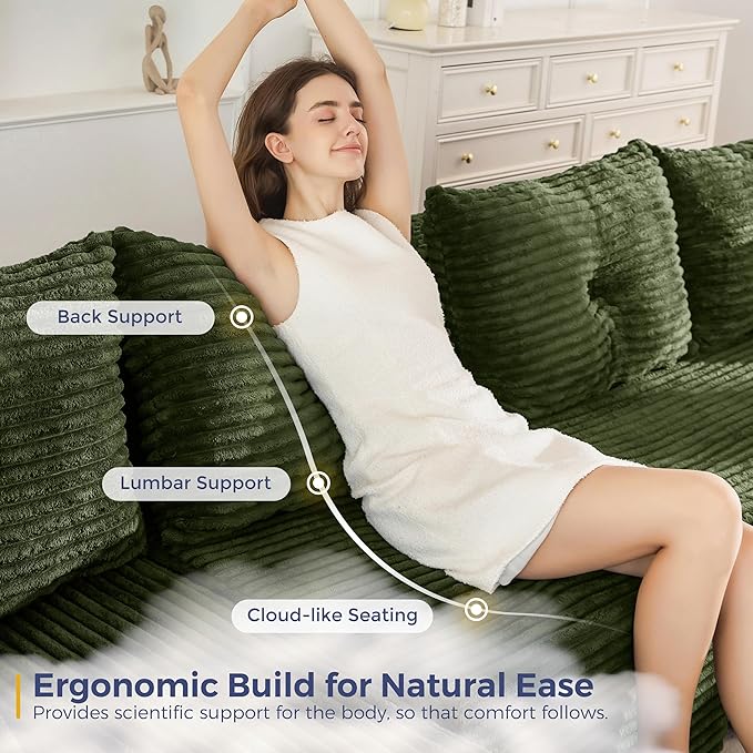 MAXYOYO 132" Oversize Modular Sectional Couch with L-Shape Chaise, Modern Boneless Couch for Living Room, Sofa in A Box, Oversized Sofa Sleeper with Deep Seat, No Assembly Required, Green
