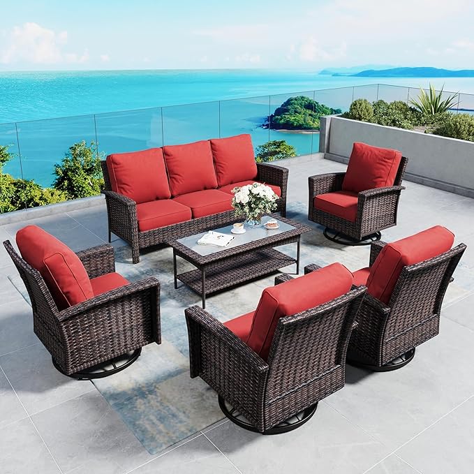 SUNSHINE VALLEY Patio Furniture Set with Swivel Chairs, High Back Wicker Rattan Furniture with Extra Thick Cushion and Coffee Table, Outdoor Conversation Set for Garden Backyard Deck,7 Seats Red