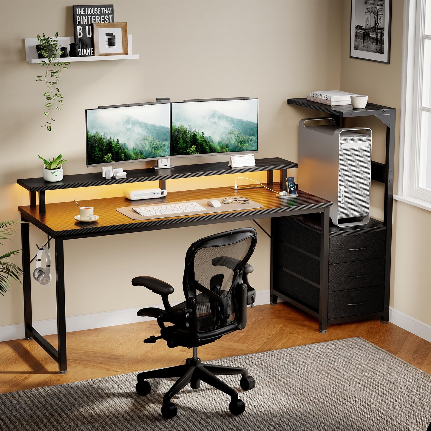 DUMOS L Shaped Gaming Desk with Shelves Storage Drawers 58'', Black Computer Desks with LED Lights Power Outlets, Office Wood Table with PC Stand Cable Management for Bedroom Dual Monitor Streaming