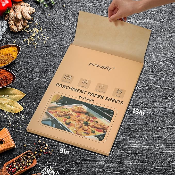 200 Pcs Parchment Paper, 9x13 In Non-Stick Precut Baking Parchment Paper Sheets for Grilling, Baking, Withstands Temperatures up to 450°F, Quarter Sheet Size, 100% Natural Wood Pulp