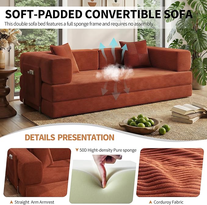 Fancyfire 78.8" Convertible Sofa Bed with Armrest Pillow,4-in-1 Sleeper Couch Bed for Livingroom,Modular Corduroy Boneless couches,No Assembly (Orange)