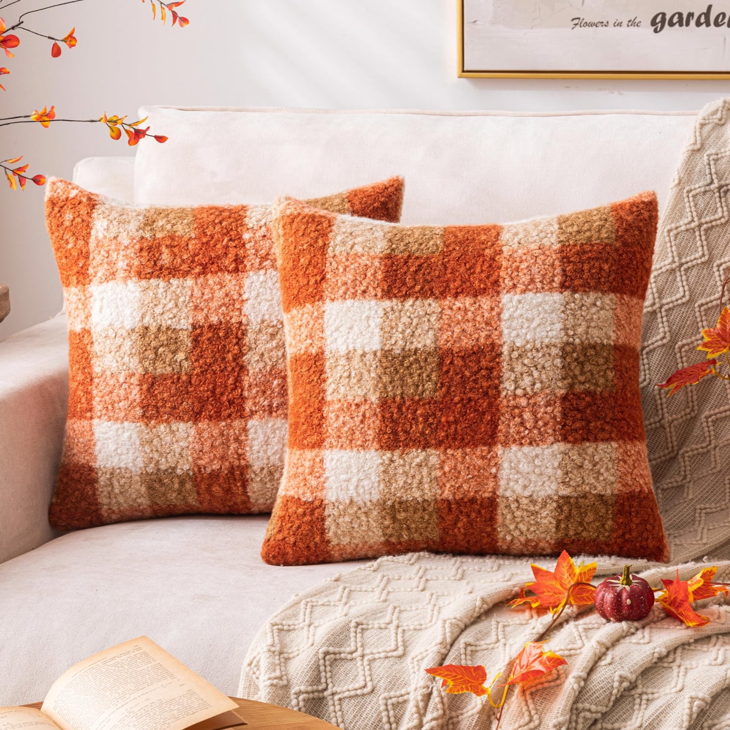 AQOTHES Orange Plaid Fall Throw Pillow Covers 18x18 Inch Set of 2, Boucle Decorative Pillow Covers,Cozy Fluffy Home Living Room Farmhouse Decor for Sofa Couch Bed