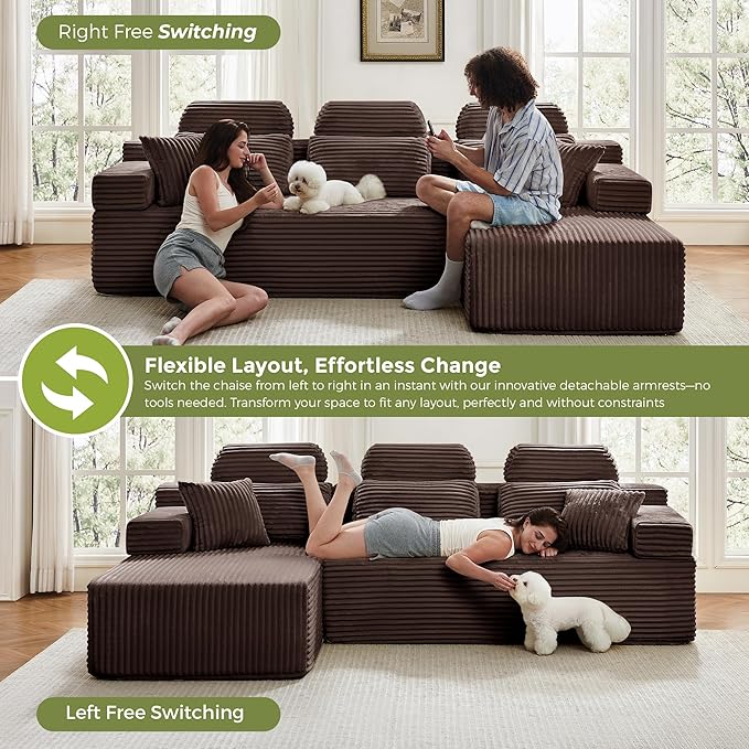 ZQRhome 104" L Shaped Boneless Couch Sectional Sofa with Chaise & Headrest, Boneless Deep Seat Plush Corduroy Couches for Living Room, No Assembly Required (Brown, 104" L-shapred Chaise)