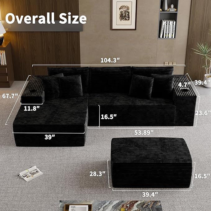 Cibert 104.3" Modular Sectional Sofa with Ottoman, Black Boneless Couch Left Facing Chaise U Shaped Couches with USB Ports, 2 Cup Holders, 2 Storage Bags & Lint Remover, No Assembly Sectional Couch