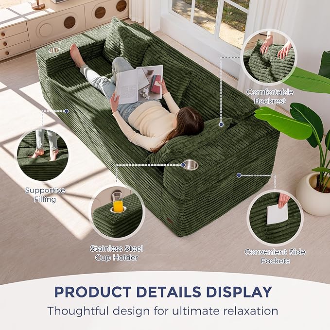 MAXYOYO 79" Oversized Boneless Loveseat Sofa Couch for Small Spaces, Mini Love Seat Floor Couch with Cup Holders and Pillows, 3-Seater Upholstered Cloud Couch for Bedroom, No Assembly Required