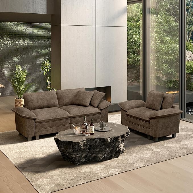 HERA'S HOUSE 2 Pieces Modular Sectional Sofa Sets, Oversized Couch Set with Loveseat and Armchair, Comfy Cloud Couches with Throw Pillows, 3-Seater Deep Seat Sofa for Living Room, Chenille Taupe