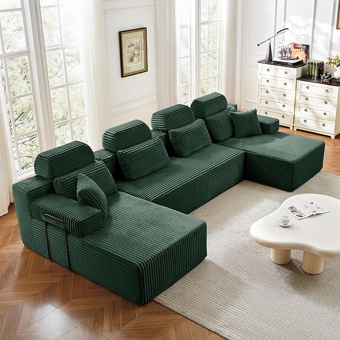 141" U-Shaped Cloud Modular Sectional Sofa with Chaise & Headrest, Boneless Deep Seat Plush Corduroy Couches for Large Living Room, No Assembly Required (Green, 141" U-shapred Chaise)