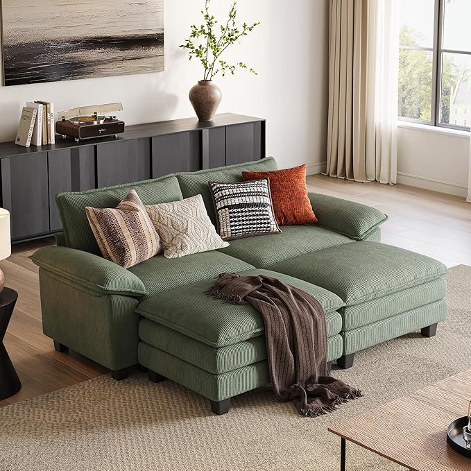 LINSY HOME Modular Sectional Sofa - Oversized Corduroy Cloud Couch with Movable Ottoman Soft Modern Comfy Sofa Set for Living Room Apartment Office, Green
