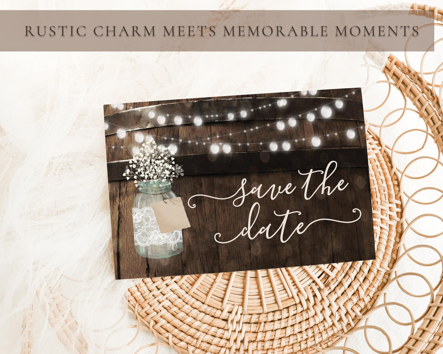 Your Main Event Prints 50 Rustic Mason Jar Save The Date Cards for Wedding, Engagement, Anniversary, Baby Shower, Birthday Party, Wood Save The Dates Postcard Invitations