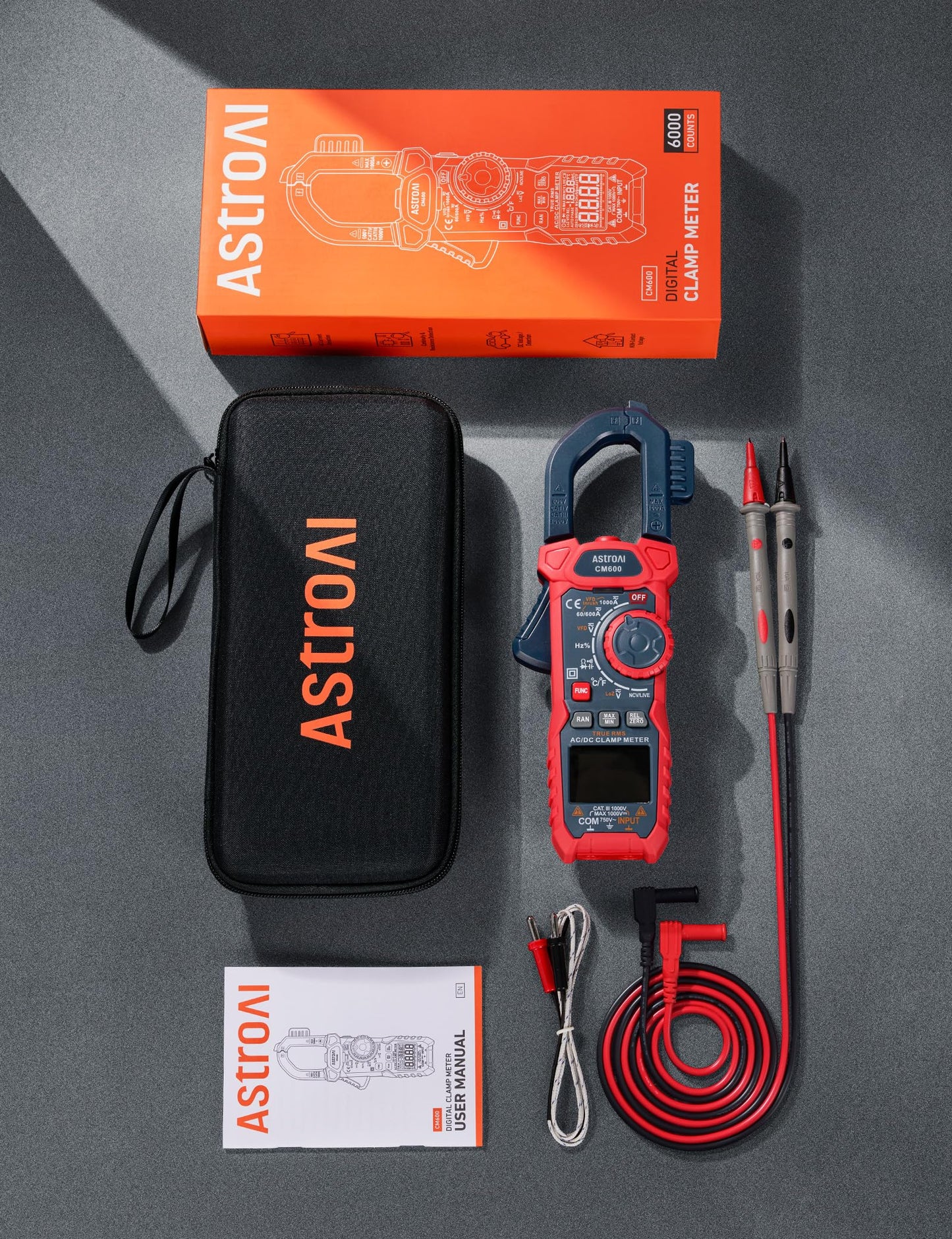 AstroAI Inrush Digital Clamp Meter Multimeter 1000A TRMS 6000 Counts, Amp Voltage Tester with VFD, LOZ Mode; Measures AC/DC Current Voltage Temperature Resistance Capacitance Frequency Continuity NCV
