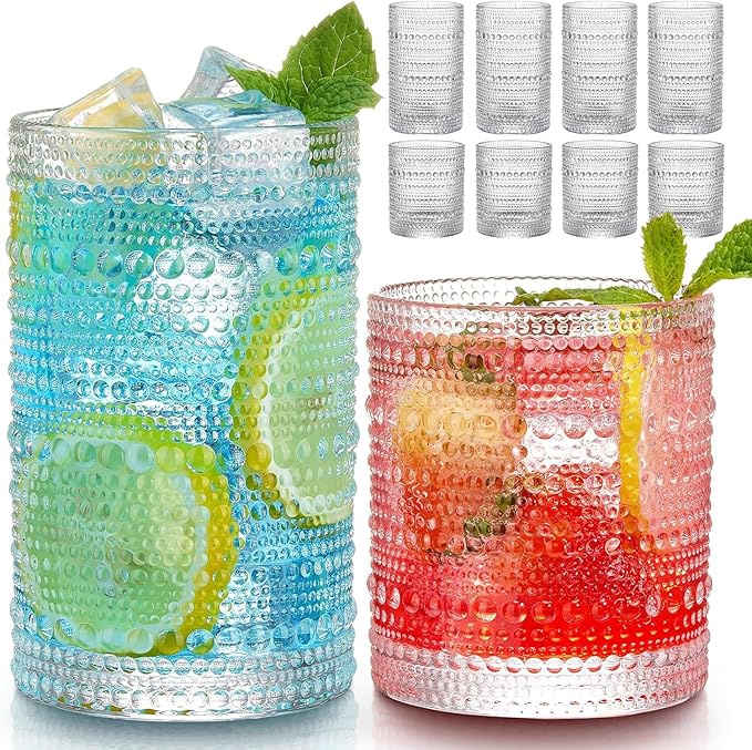 Hlukana Vintage Hobnail Drinking Glasses Set of 8, 12 oz Highball Glasses & 10 oz Cocktail Glasses Set, Kitchen Water Glas...