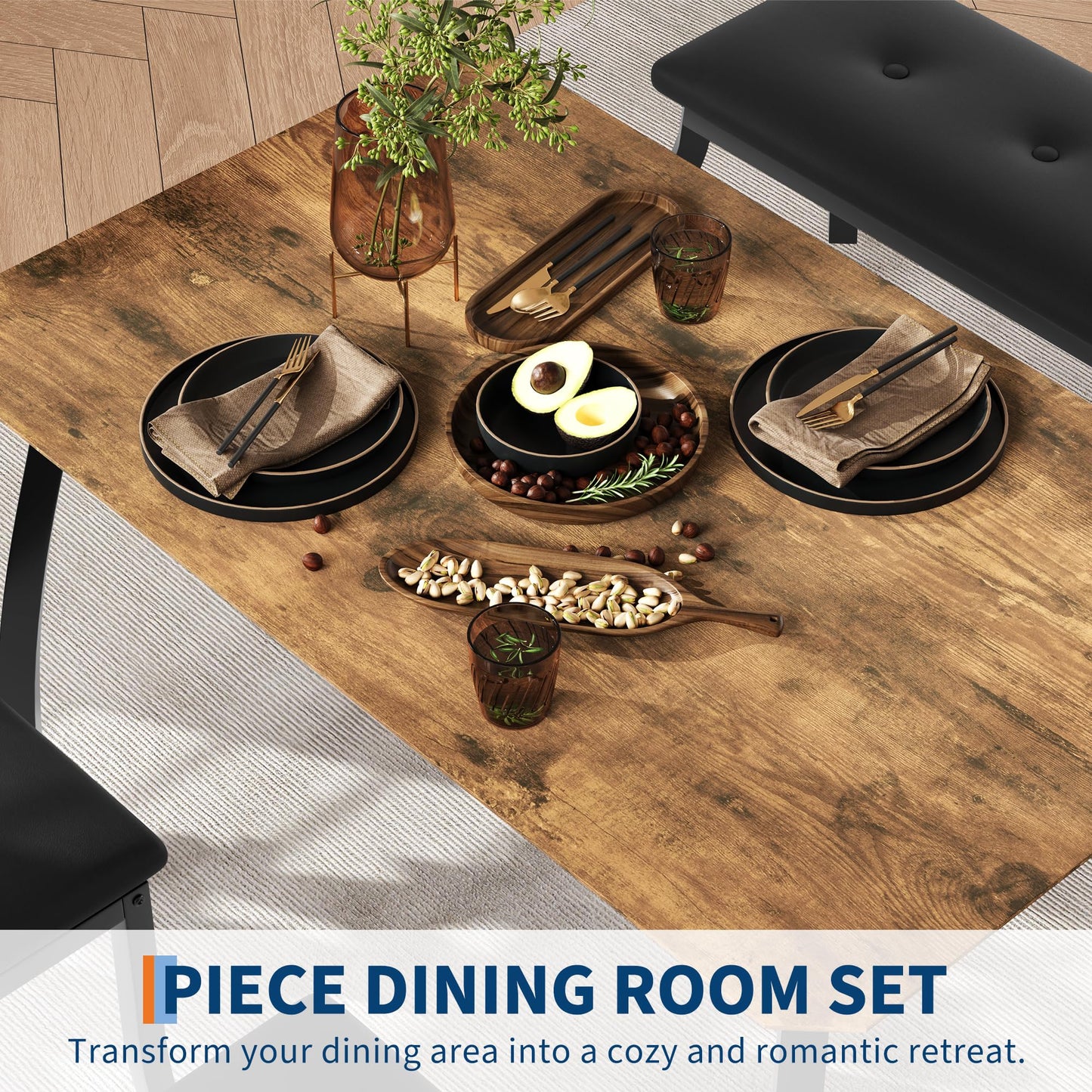 GAOMON Kitchen Table Set for 4, 4-Piece Dining Table with 2 Chairs and PU Upholstered Bench - Cutting Corner Tabletop Design, Space-Saving Kitchen Furniture for Studio, Restaurant, Retro