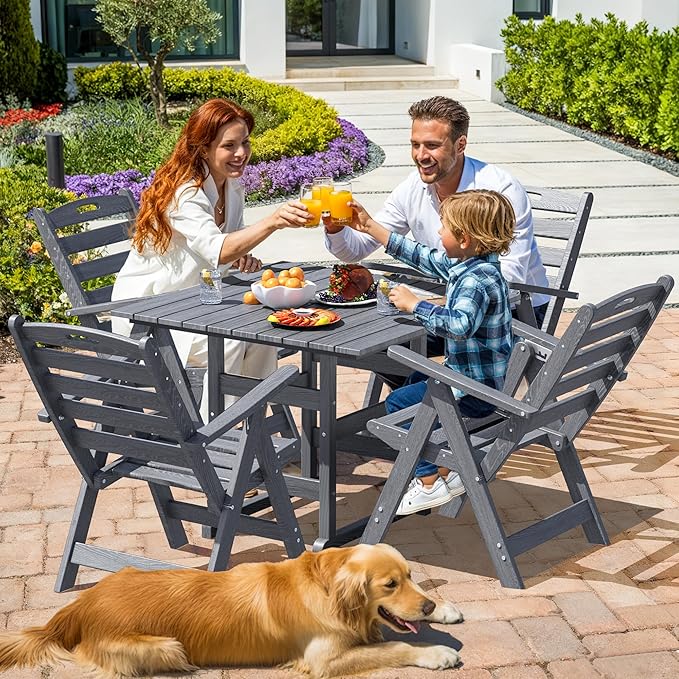 PamapicLife 5-Piece Outdoor Dining Set with Folding Chairs for Outside, All-Weather HDPE Outdoor Table and Chairs with Elegant Armrest, Patio Furniture Sets with Umbrella Hole for Patio, Gray