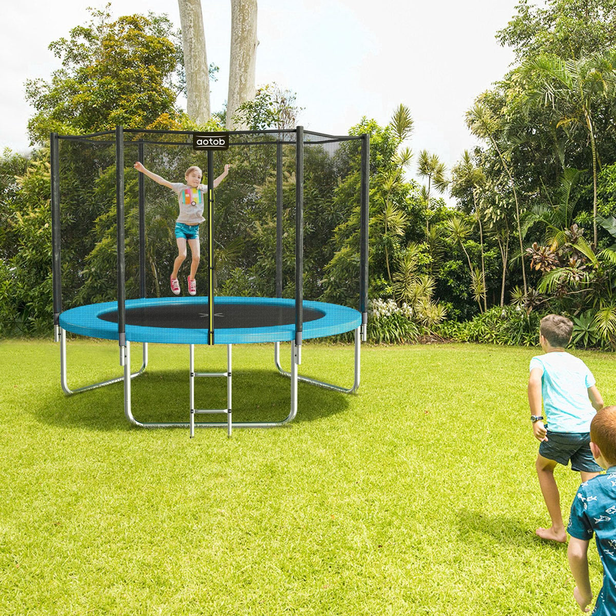 AOTOB 8 FT Trampoline Safety Enclosure Net Combo Bounce Jump for Kids Outdoor with Spring Pad Waterproof Jump Mat & Ladder (Azure)