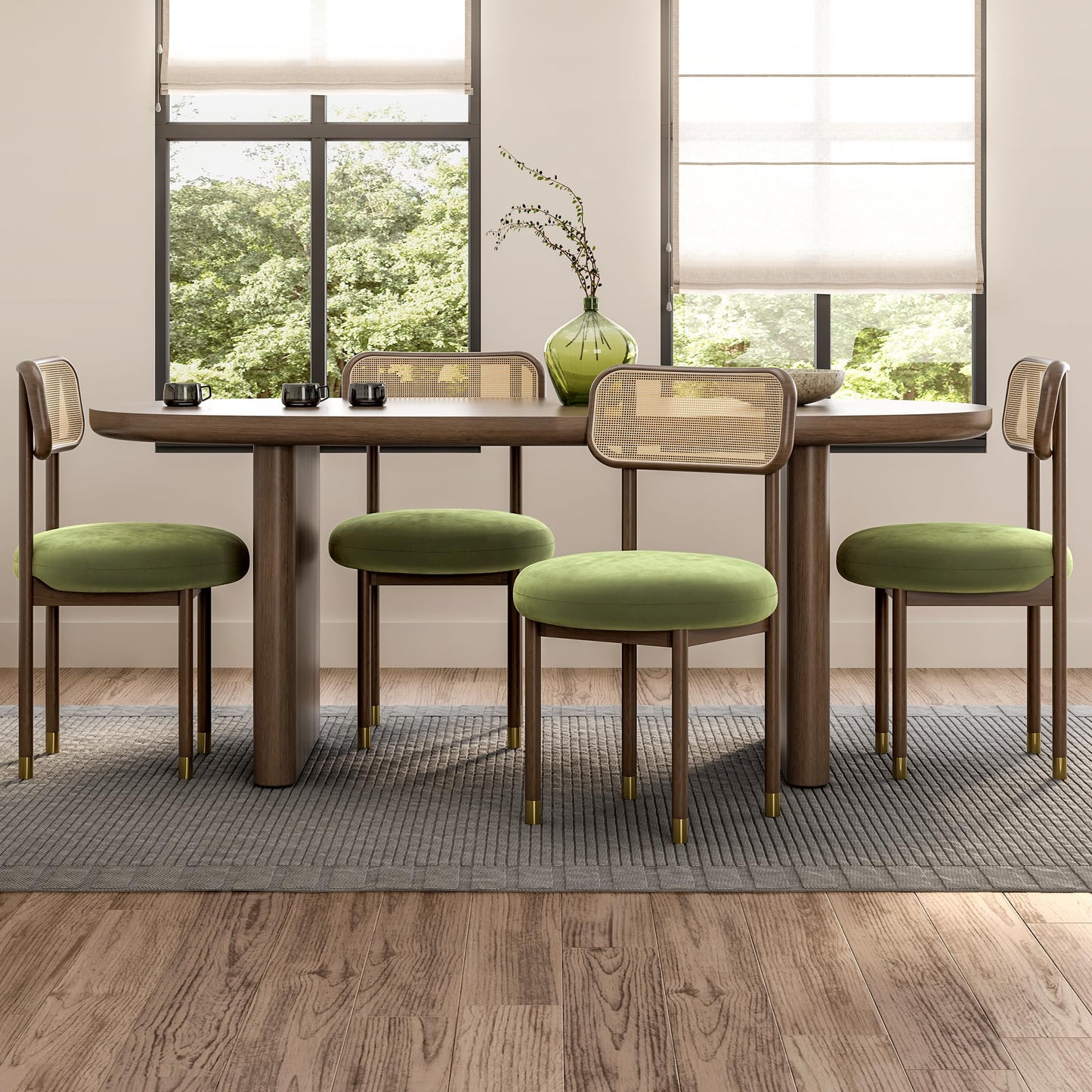 HoeuThien Upholstered Rattan Dining Chairs Set of 4, Mid Century Modern Kitchen Chairs with Curved Back and Solid Wood Legs Armless Accent Chair for Living Room Bedroom Restaurant, Walnut/Green Velvet