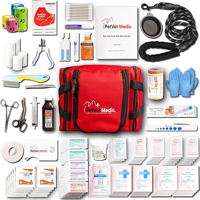 PetVet Medic Cat & Dog First Aid Kit - Dog Emergency Kit, Health Supplies & Wound Care -with Thermometer, Bandages for Wou...