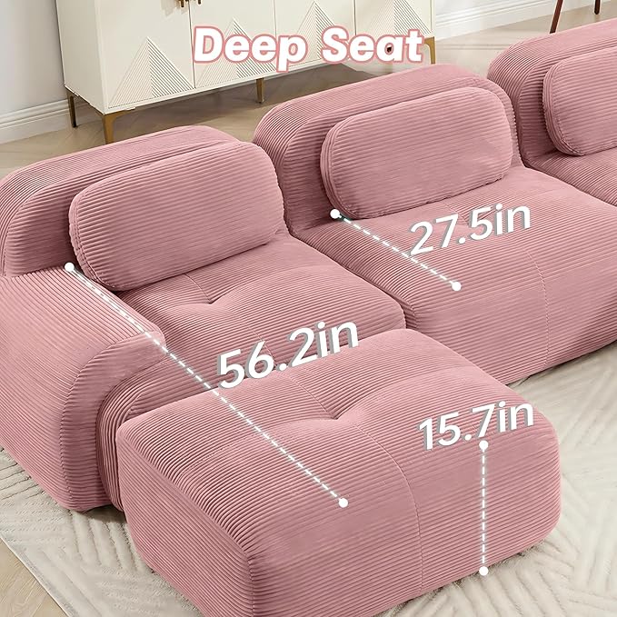 SoarFlash 117" Modern L-Shaped Modular Sectional Sofa for Living Room, Corduroy Upholstery Oversized 3-Seater Couch with Deep Seat and Movable Ottoman-No Assembly, Pink
