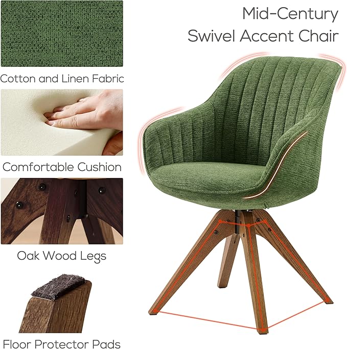 Art Leon Swivel Dining Chair - Mid Century Modern Fabric Upholstered Kitchen Dining Room Chair with Oak Wood Legs, Leisure Side Chair with Arms for Living Room, Green