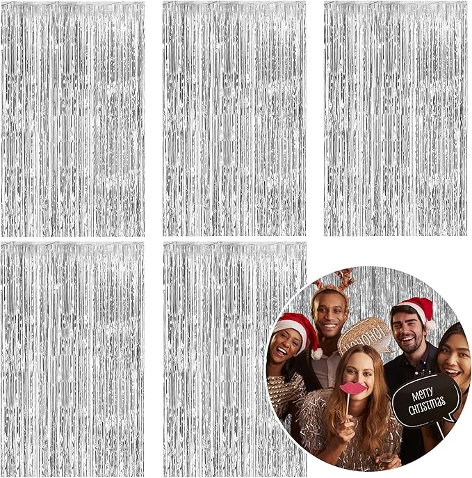 5 Pack Foil Curtain Backdrop Silver Metallic Tinsel Foil Fringe Curtains Photo Booth Props for Birthday Wedding Engagement...