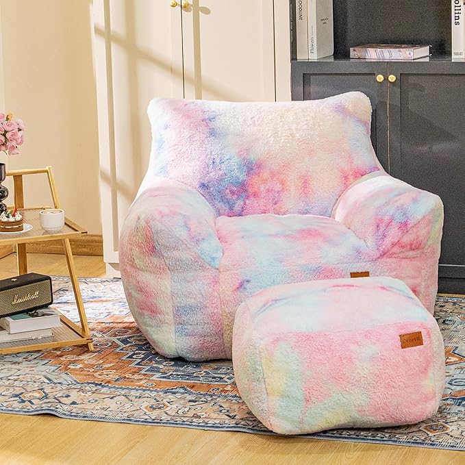 Cvortll Bean Bag Chair, Sherpa Accent Beanbag Chair and Ottoman Set, Fur Faux BeanBag Chair with Memory Foam Filled, Lazy Sofa Comfy Cozy BeanBag Chair for Dorm, Apartment, Living Room (Colorful)