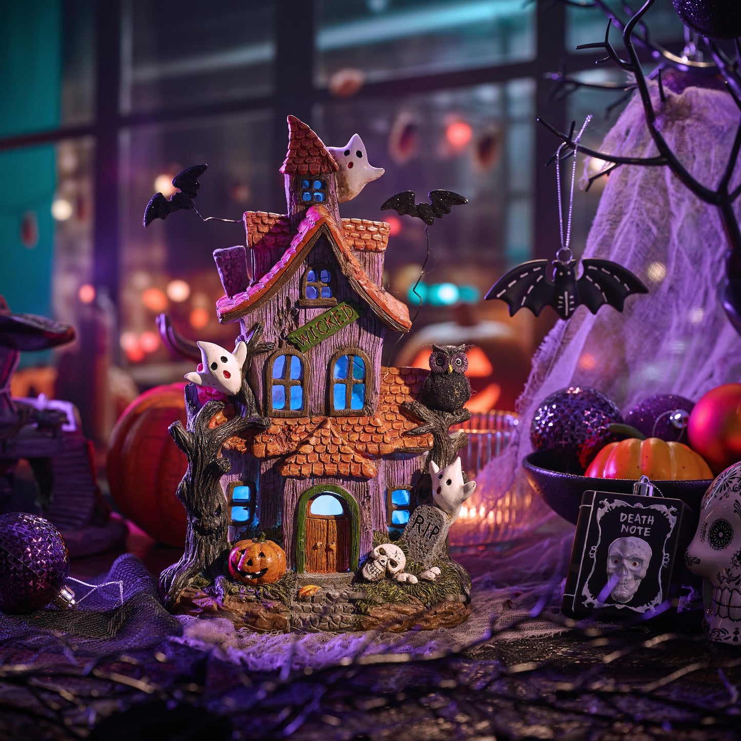 Valery Madelyn Halloween Decorations, Lighted Halloween Village Houses with LED Lights, Resin Spooky Town Happy Haunted House for Home and Party Table Desk Mantel, 9 Inch