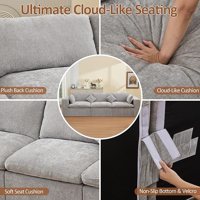 115''Cloud Boneless Sectional Couch, Modular Sectional Sofa Deep Seat, Oversized Upholstered Convertible Comfy 3 Seater Chenille Memory Foam Sofa Couches for Living Room, Light Grey