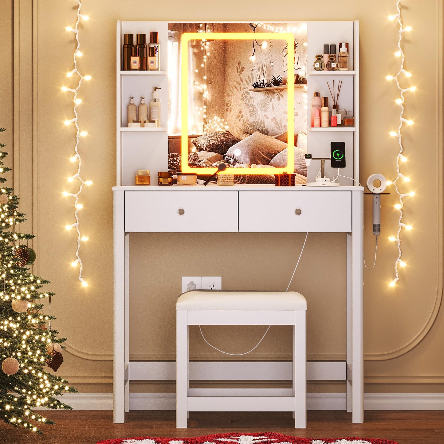 ProsperHaven Vanity Desk with Mirror and LED Lights, Small Makeup Vanity Table Set with Drawers and Chair, Dressing Table with Power Outlet for Girls Bedroom, White