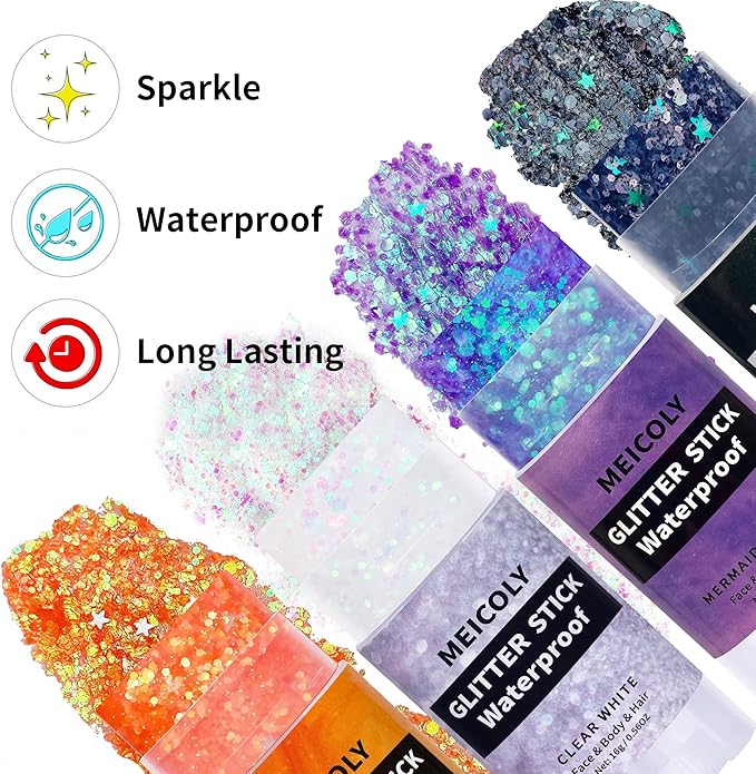 MEICOLY Purple Hair Glitter Stick,Halloween Mermaid Face Glitter Stick,for Kids and Women Costume,Sparkle Chunky Glitter Makeup,Waterproof Body Glitter for Party Rave Festival
