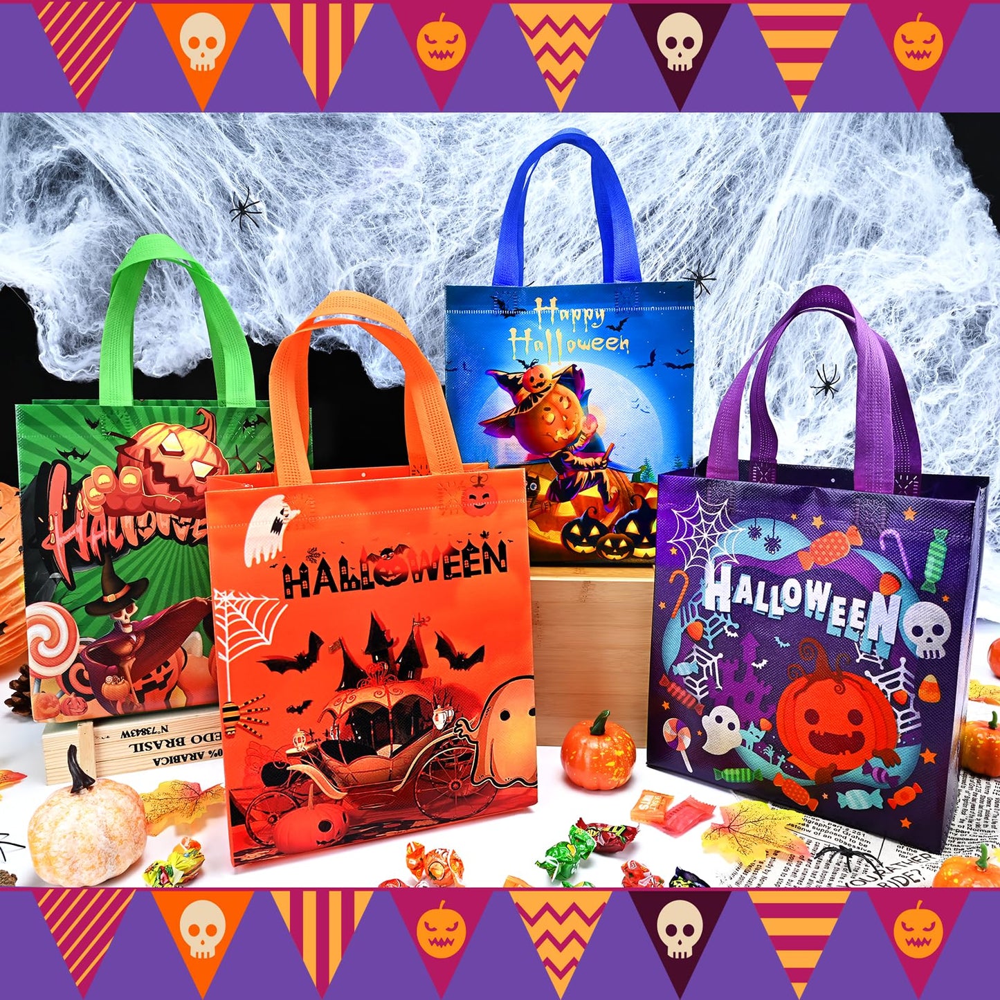 Ambandier 8PCS Halloween Trick or Treat Tote Bags with Handles，Halloween Candy Treat Bags for Kids, Non-Woven Gift Bag for Wrapping Party Decoration Supplies