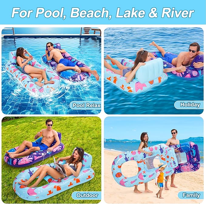 PuppyuWill 4 Pack Pool Floats Adult,Inflatable Pool Lounger Float Heavy Duty with Cup Holder, Backrest & Footrest Pool Lounge Float Extra Large Pool Rafts for Adults Beach Lake Party