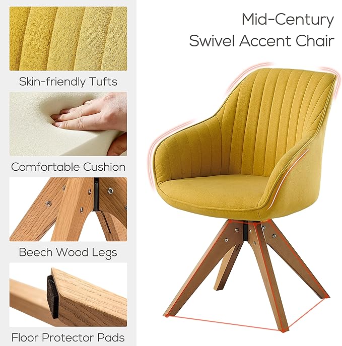 Art Leon Dining Chair, Mid Century Modern Fabric Upholstered Swivel Dining Room Chair with Wood Legs, Leisure Side Chair with Arms for Living Room, Yellow