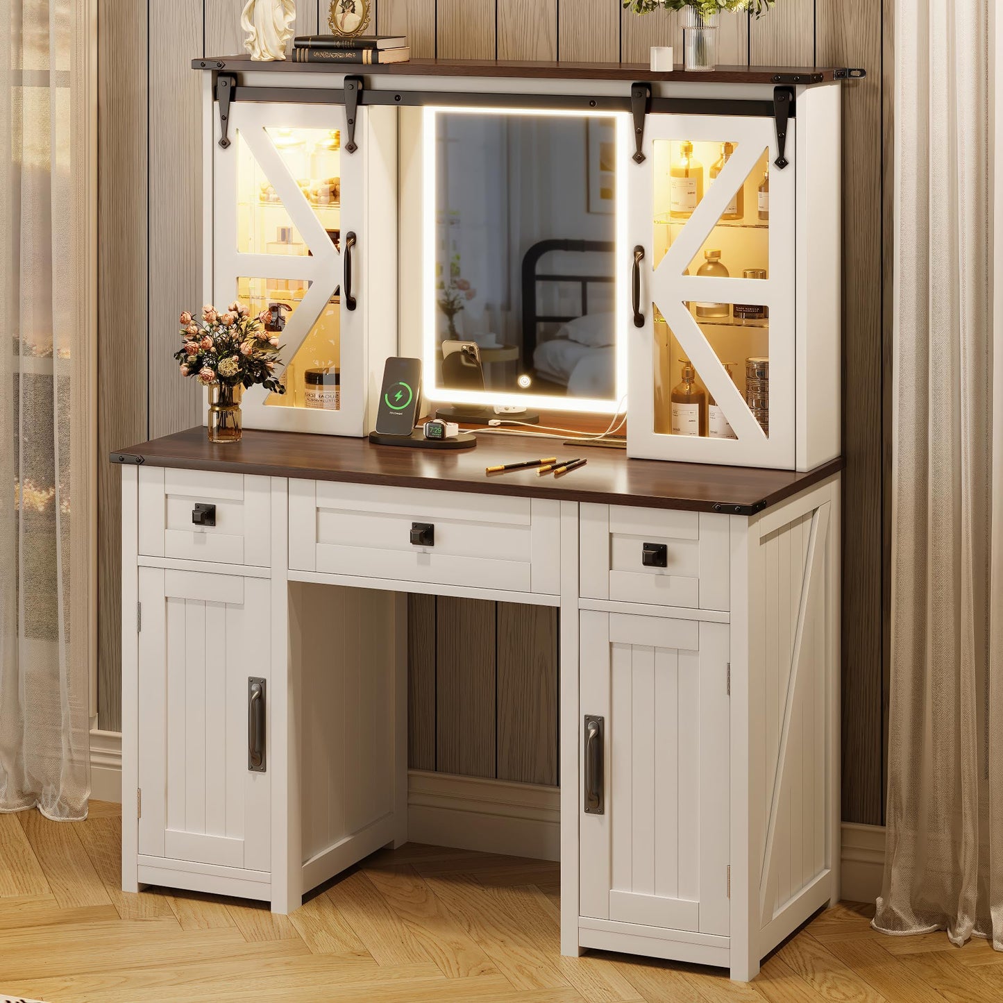 GDFStudio 43.3" Farmhouse Makeup Vanity Desk with Lighted Mirror, Dressing Table Set with Sliding Barn Door Hidden Shelves, 3 Drawers & 4 Cabinets, Charging Station, Beige and White Finish