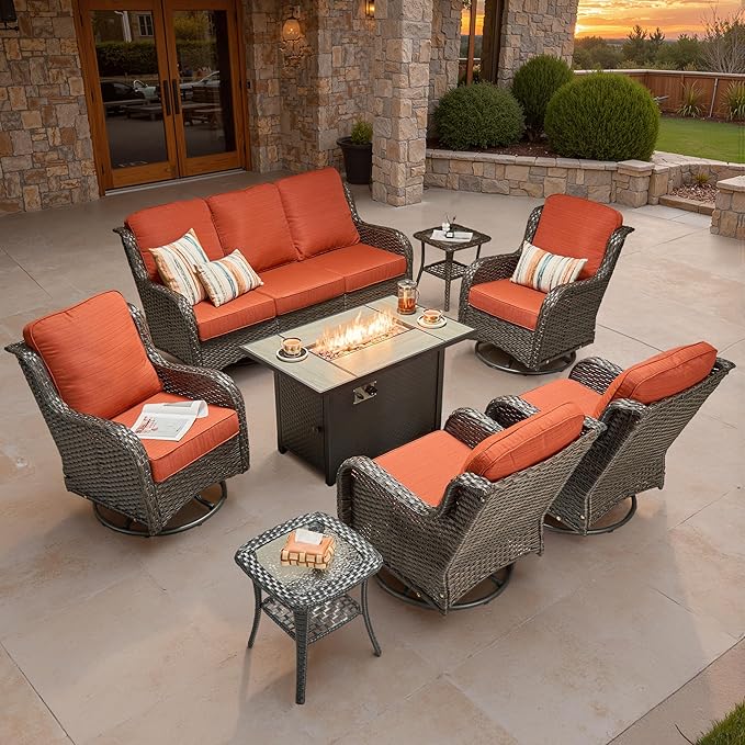 ovios 8 Pieces Patio Furniture Set, Outdoor Wicker Sofa Couch with Swivel Chairs 42" Fire Pit Table, High Back Modern All Weather Conversation Sets, Brown Rattan, Orange Red