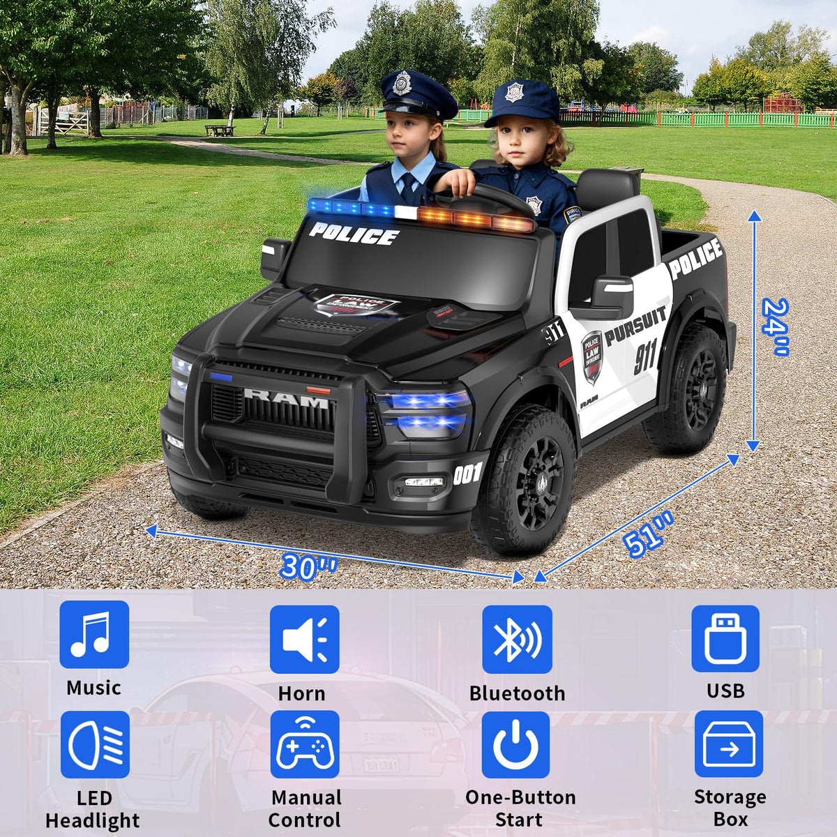 YunTopKids 24V 2 Seater Ride on Truck Car for Big Kids 4-8, Licensed Dodge Ram 2500 Police Car Toys,Powered Wheel with Remote Control, Siren, Alarm Lights, Megaphone, 5 Mph Max Speed