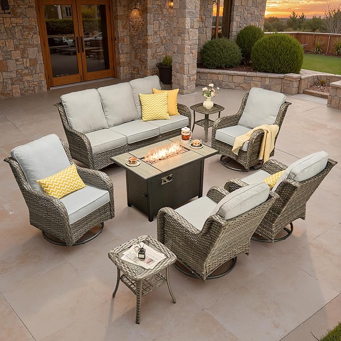 ovios 8 Pieces Patio Furniture Set, Outdoor Wicker Sofa Couch with Swivel Chairs 42" Fire Pit Table, High Back Modern All Weather Conversation Sets, Grey Rattan, Grey