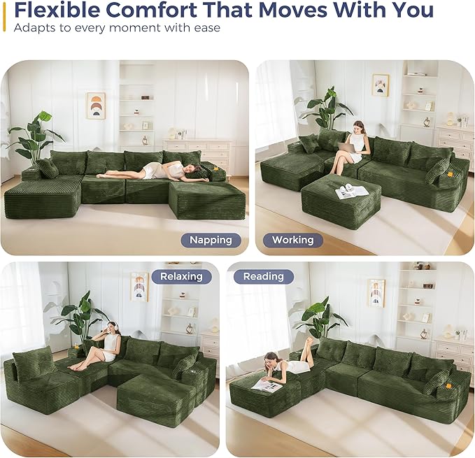 MAXYOYO 132" Giant U-Shaped Modular Sectional Couch, Modern Boneless Couch for Living Room, Sofa in A Box, Oversized Sofa Sleeper with Deep Seat, No Assembly Required, Green