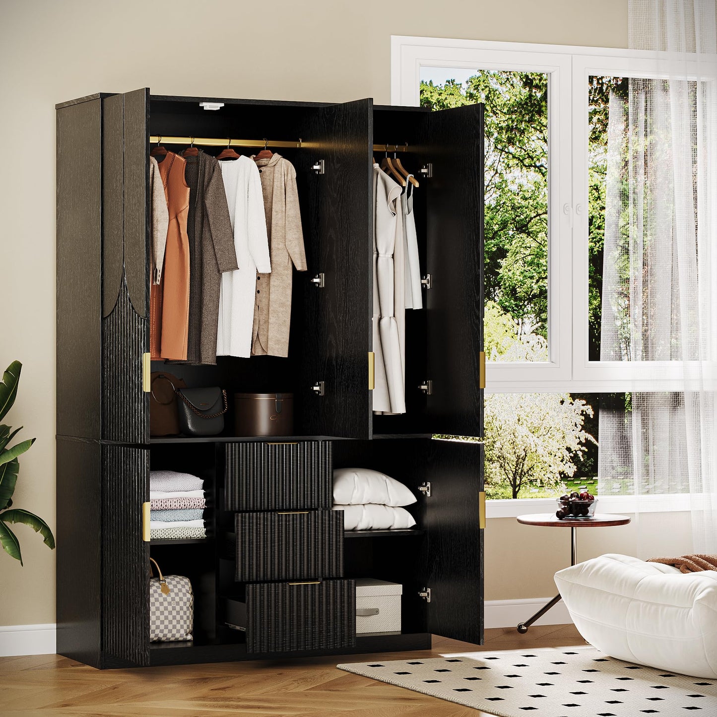 TOKSOM 71" Wardrobe Armoire Wooden Closet with 3 Doors 3 Drawer and 2 Cabinet, Bedroom Armoire with Hanging Rod Shelf, Modern Wooden Bedroom Armoire Freestanding Wood Closet Storage Cabinet