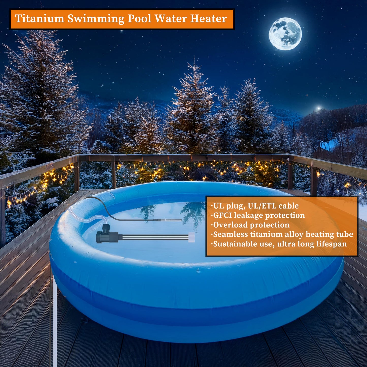 LASTINGCAPE 1500W Titanium Fully Submersible, Portable Electric Hot Tub & Pool immersion Water Heater with Temp Control, GFCI for spa tub, Bathtubs, Baptistry Pool, inflatable pool & above ground pool