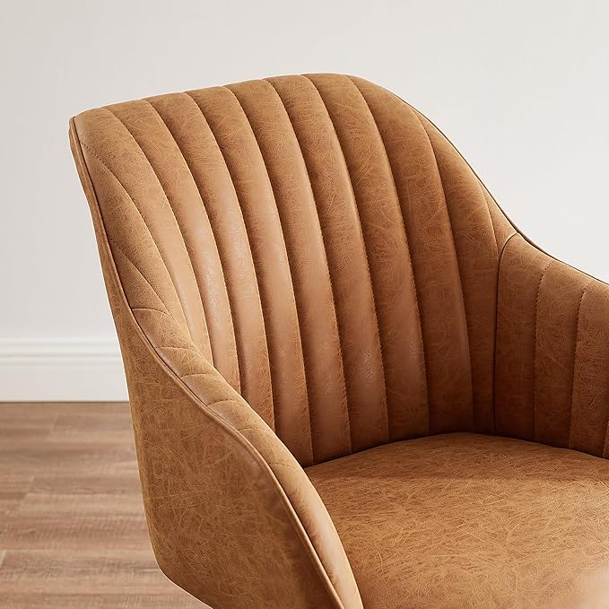 Art Leon Dining Chair, Mid Century Modern Faux Leather Upholstered Swivel Dining Room Chair with Wood Legs, Leisure Side Chair with Arms for Living Room, Brown