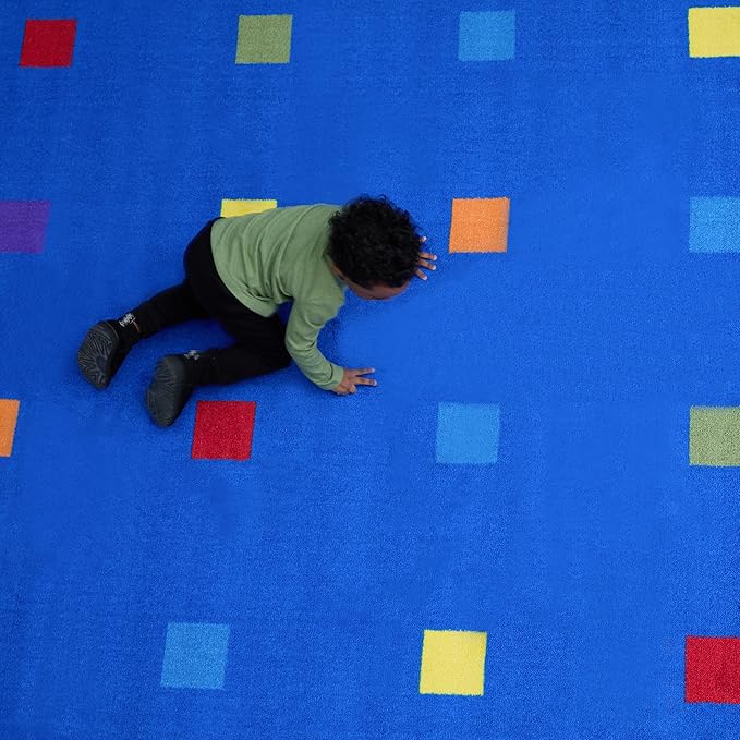 KIDCARPET.COM Seating Squares Multi on Blue 24 6' x 8'6" Rectangle, Educational Classroom Rug, Kids Learning Play Mat | Area Rug for Bedroom or Playroom