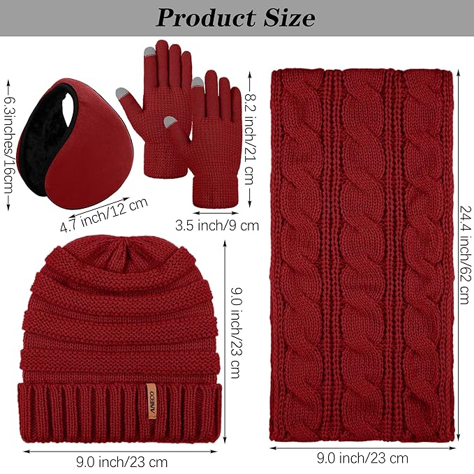 Aneco Winter Warm Sets Knitted Scarf Beanie Hat Touch Screen Gloves and Winter Ear Warmer for Men or Women
