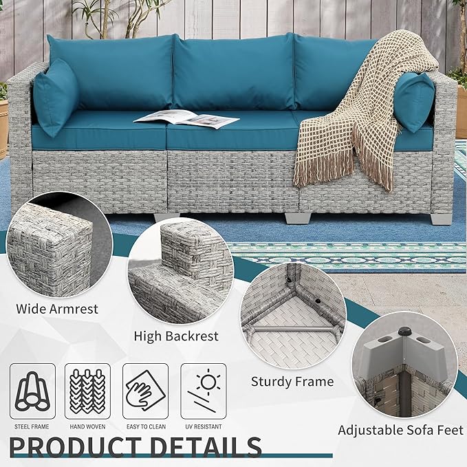 WAROOM Outdoor Couch 3 Seater Wicker Patio Sofa Grey Rattan Deep Seat Balcony Furniture Porch Seating with Peacock Blue Cushion