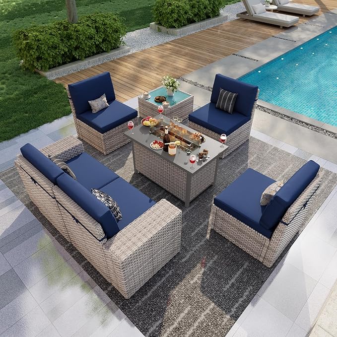 7 Pieces Patio Conversation Set, Rattan Furniture Set with Wide Armrests and Coffee Table, Outdoor Modular Sectional Couch Wicker Sofa with Fire Pit for Garden Backyard Porch Deck (Blue Cushions)