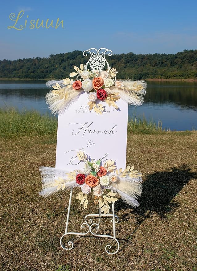 Wedding Arch Flowers, Artificial Floral Decor for Wedding Ceremony & Reception, Standard Size Large Flower Swag Set for Backdrop & Welcome Sign, Pack of 2 (Orange Wine Red Pampas)
