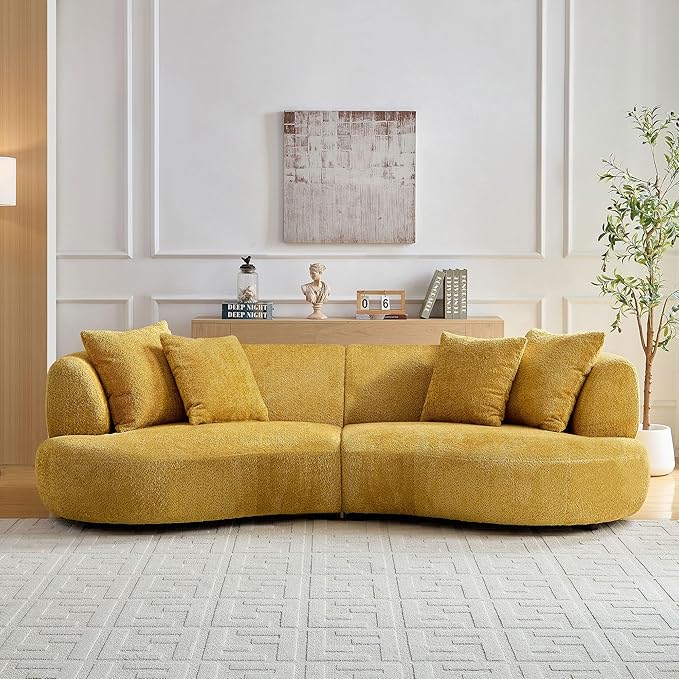 KEIKI 102" Curved Oversized Boucle Modular Sectional Sofa with 4 Throw Pillows, Mid-Century 4-Seater Upholstered Corner Plush Comfy Couch, Easy Assembly, for Apartment, Living Room, Yellow