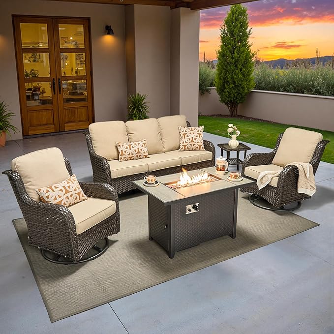 ovios 5 Pieces Patio Furniture Set, Outdoor Wicker Sofa Couch with Swivel Chairs 42" Fire Pit Table, High Back Modern All Weather Conversation Sets, Brown Rattan, Beige