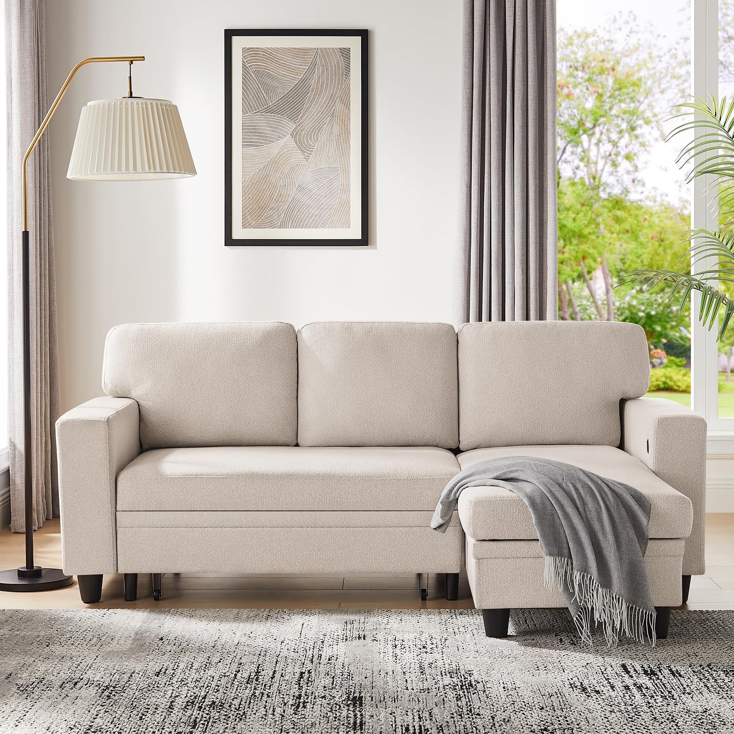 RedLemon 80” Sleeper Sofa Bed,L-Shaped Convertible Sectional Couch with Storage Chaise,2 Built-in Bookshelves and USB Charging Port - Comfy Sofa for Living Room, Apartment, Beige