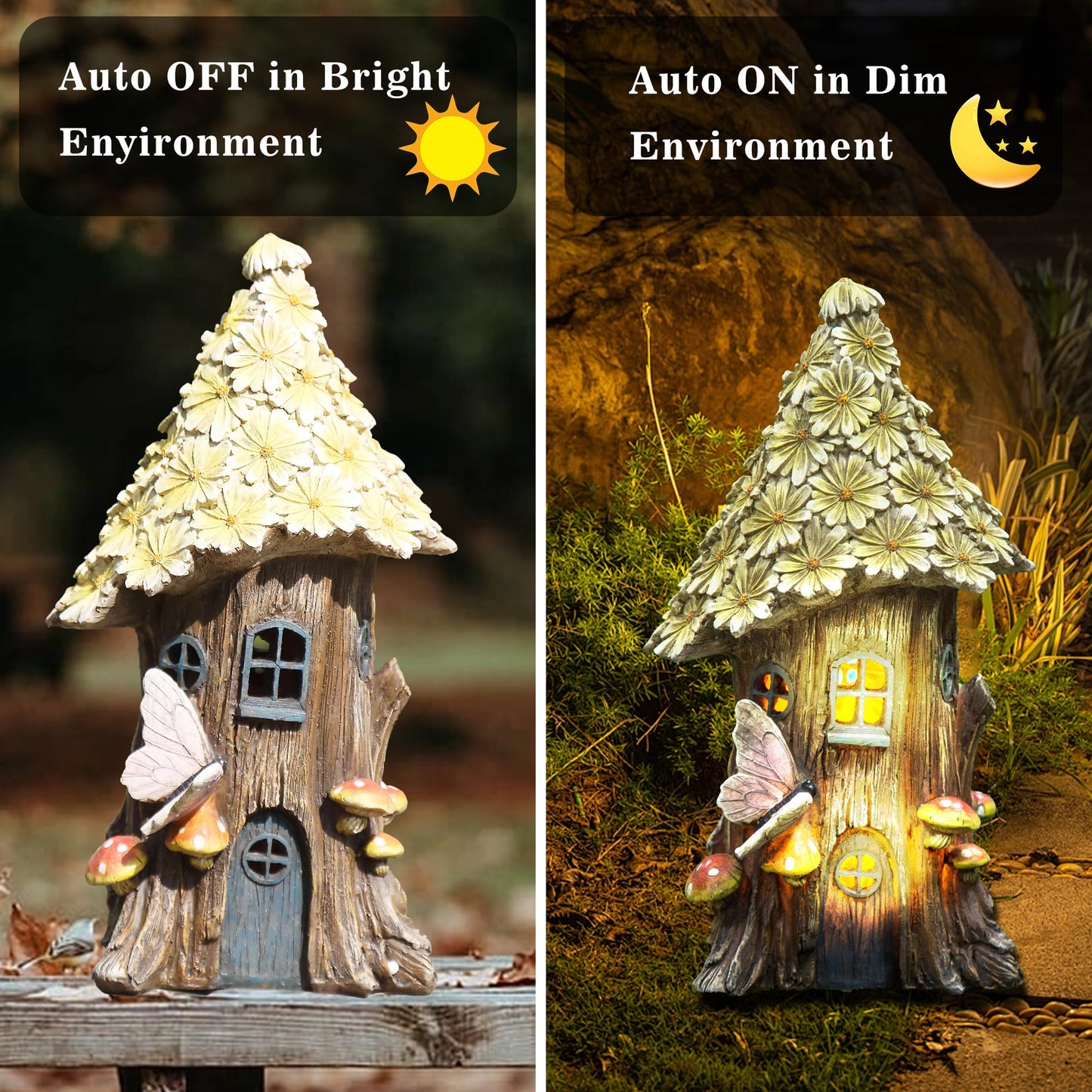 Resin Fairy House Statue Garden Flower Solar Powered Garden Statue Fairy House for Outdoor Decor,Yellow Wild Chrysanthemum