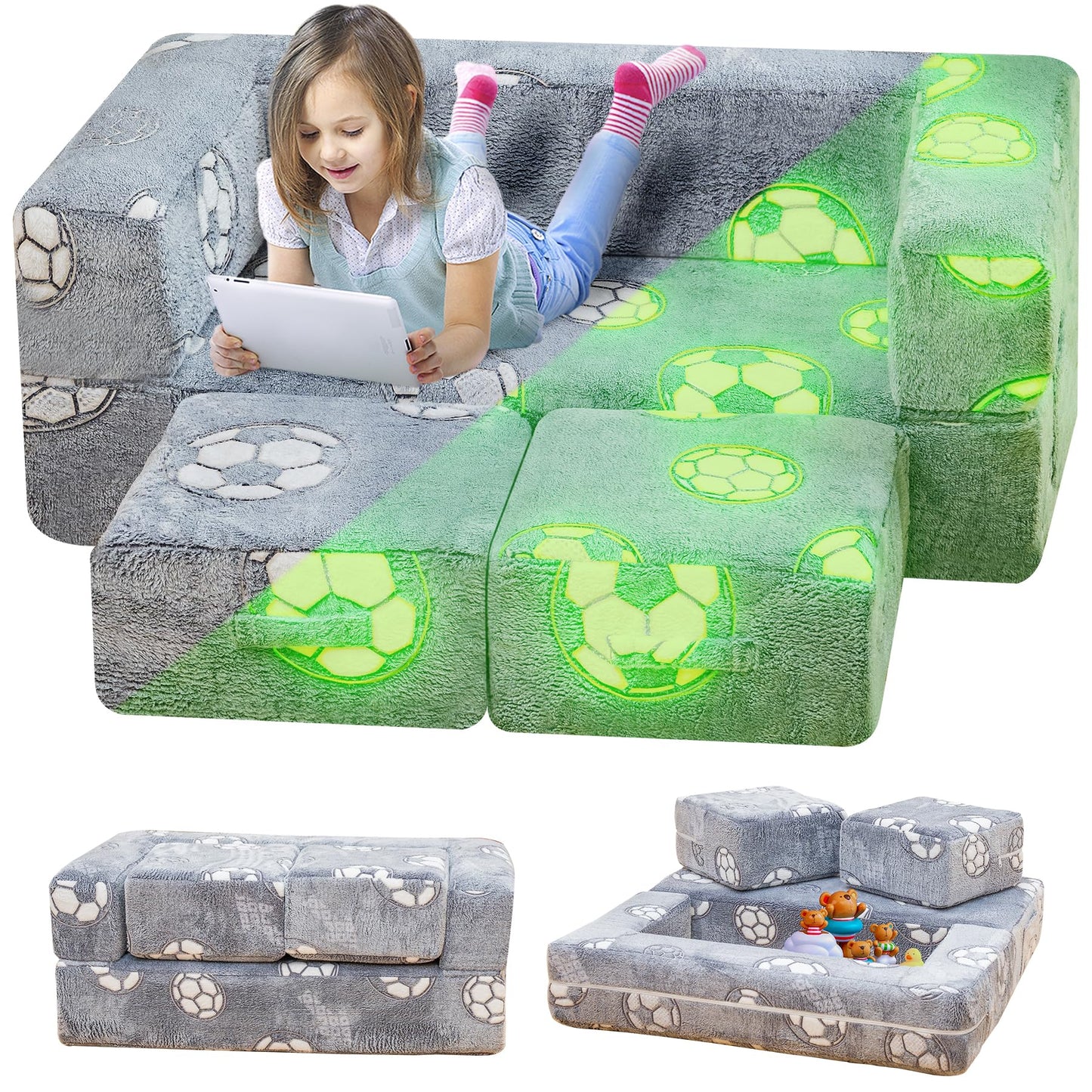 Lamerge Toddler Couch Glow in The Dark Toddler Fold Out Couch for playroom, Convertible Baby Fold Out Play Foam and Floor Cushion for Bedroom (Grey+Football)